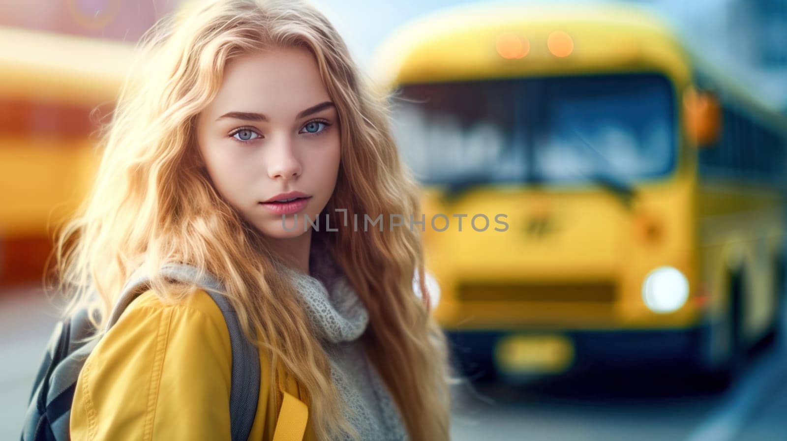 Happy caucasian teenager female student holding books looking at camera with blurred school building on background. Back to school. Generative Ai. by JuliaDorian