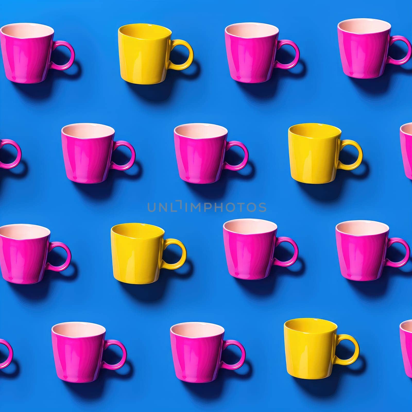 Pattern with colorful cups with hard shadow , AI Generative.