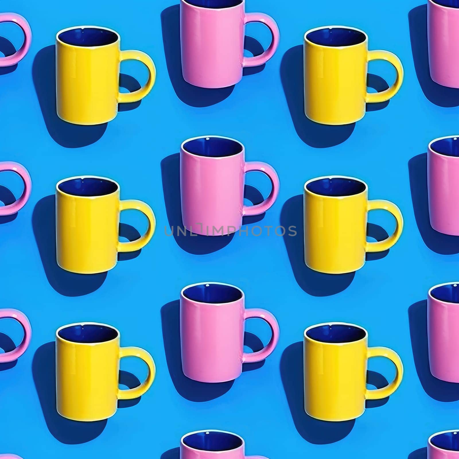 Pattern with colorful cups with hard shadow , AI Generative.