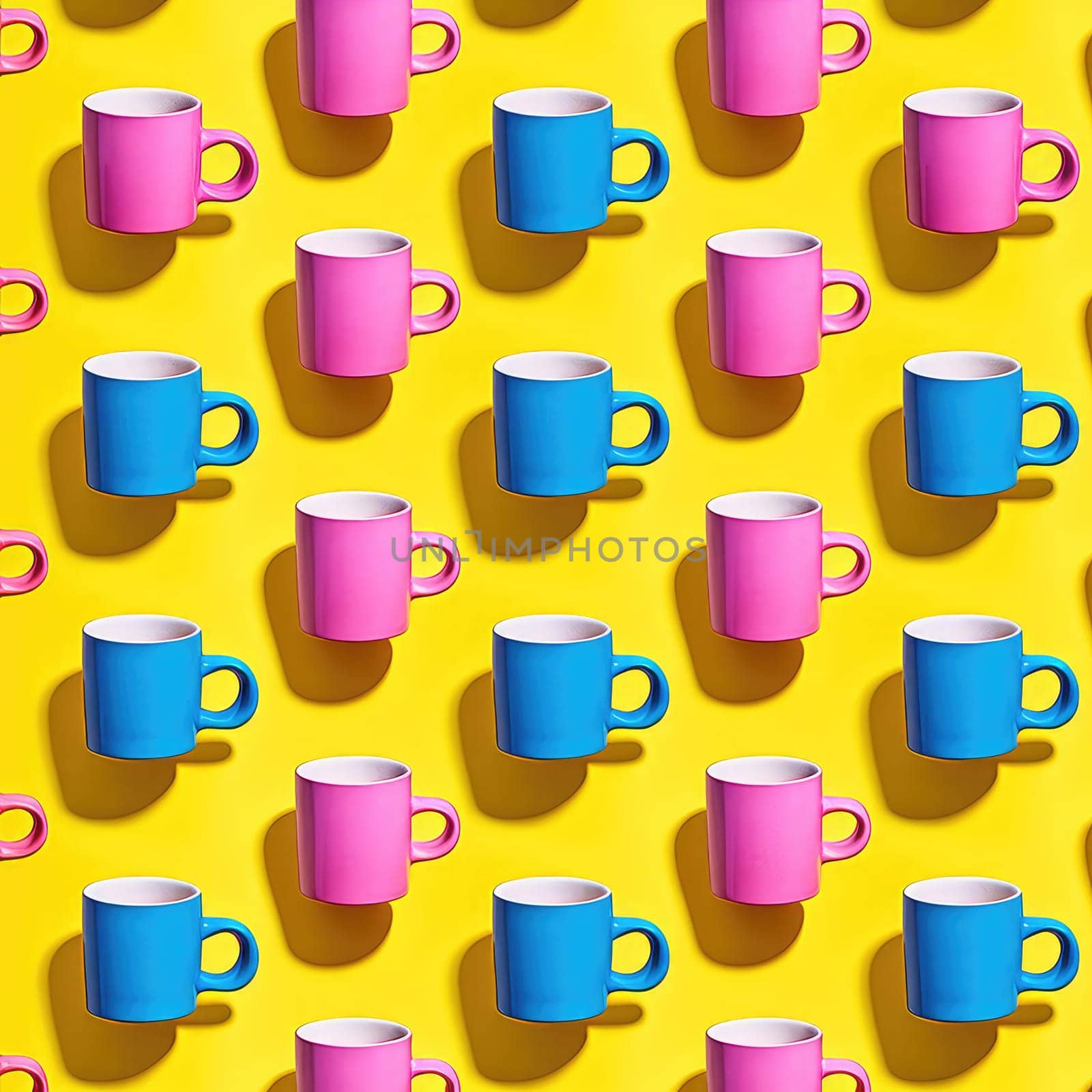 Pattern with colorful cups with hard shadow , AI Generative.