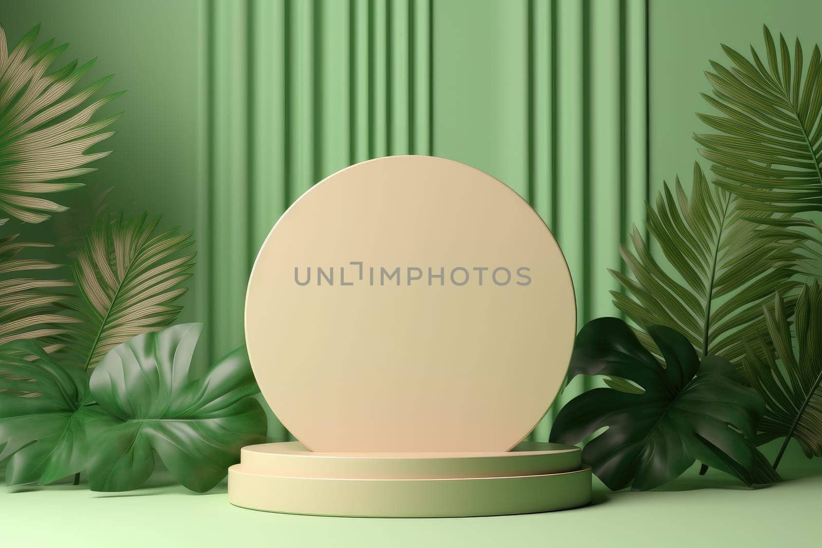 Minimal abstract round colorful podium with tropical leaves, product display. AI Generative