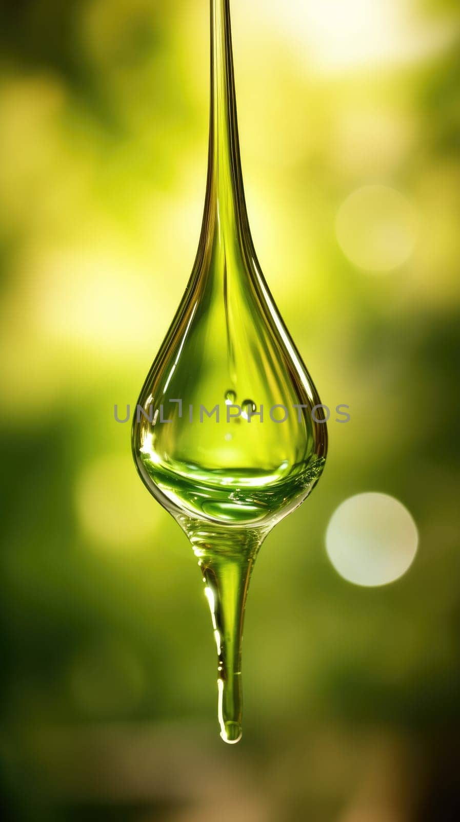 Flowing drops with pouring liquid essential oil on green nature background. by natali_brill