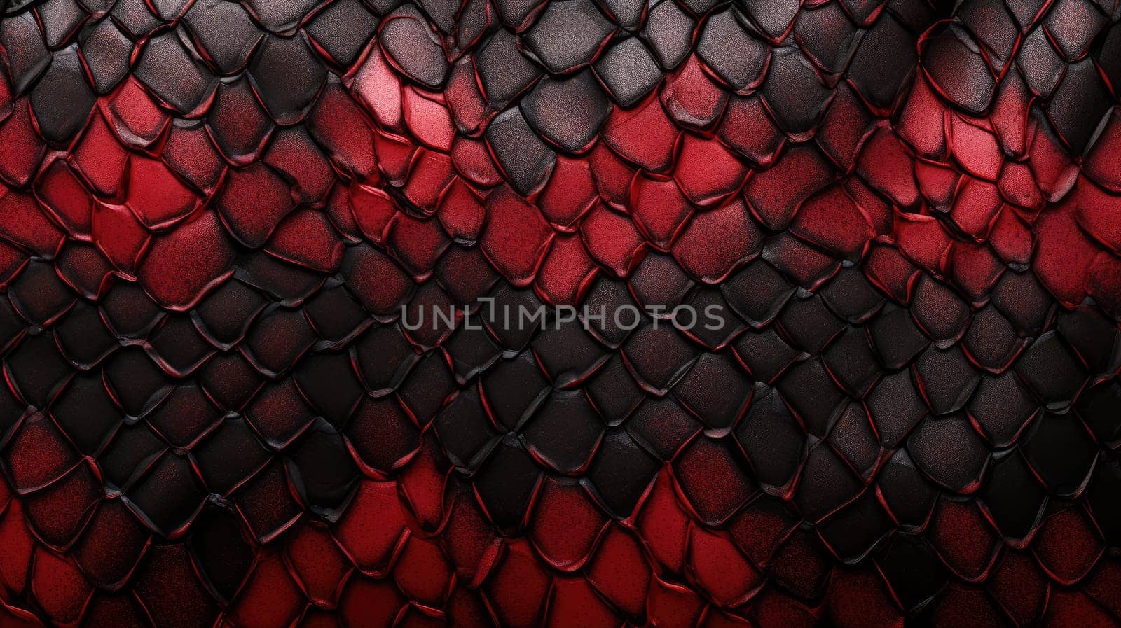 Red and black exotic snake skin pattern or dragon scale texture as a wallpaper. AI generated image