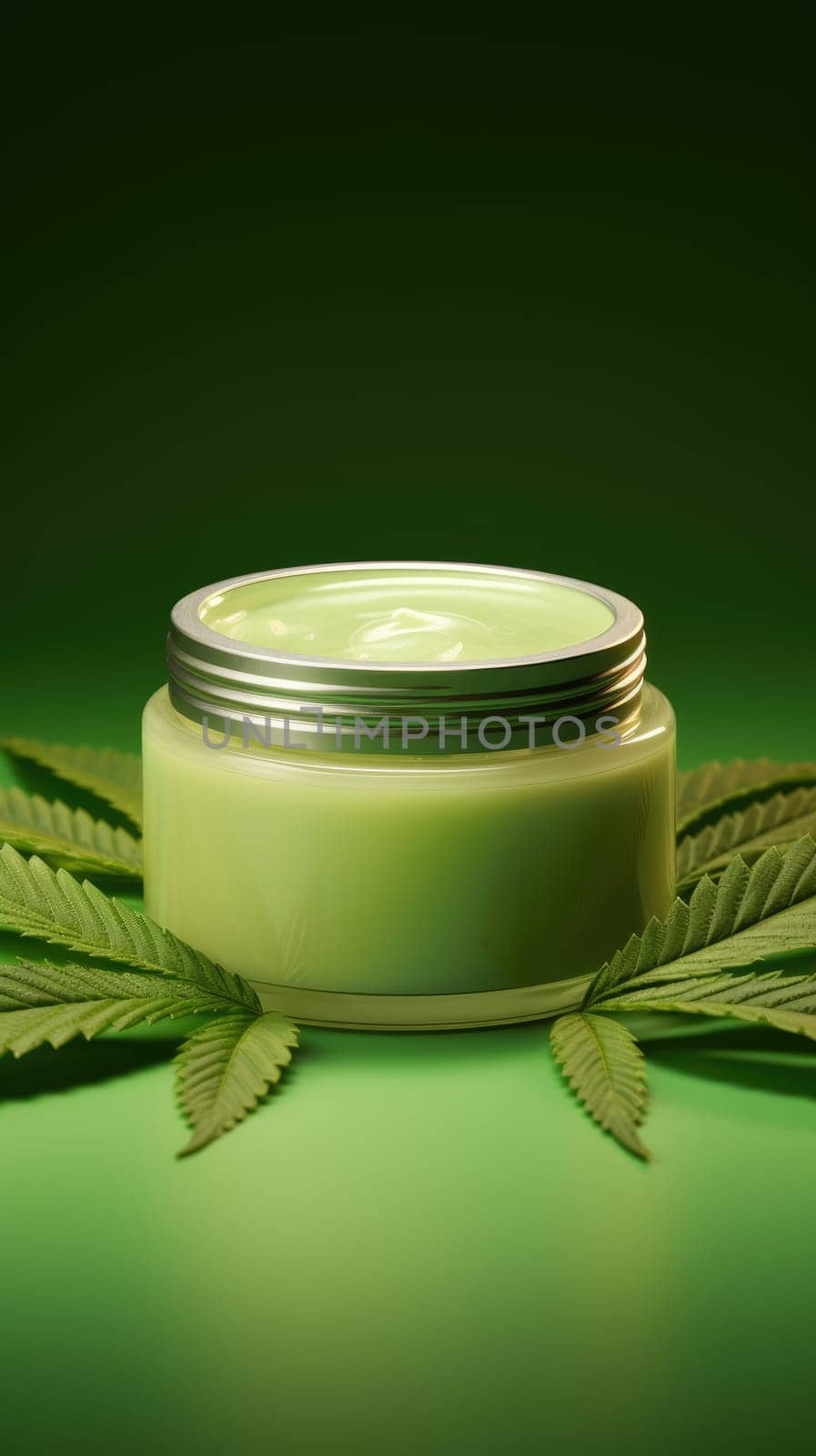 Moisturizing cream in jar with hemp leaves on blurred background. by natali_brill