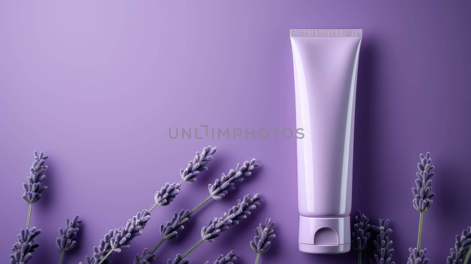 Natural lavender cosmetic cream in tube. Moisturizer with lavender on purple by natali_brill