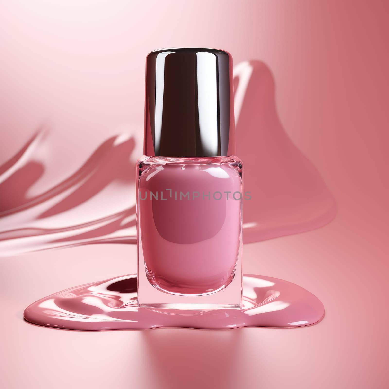 Pink nail polish bottle with reflection isolated on pink background. Square frame. AI generated image