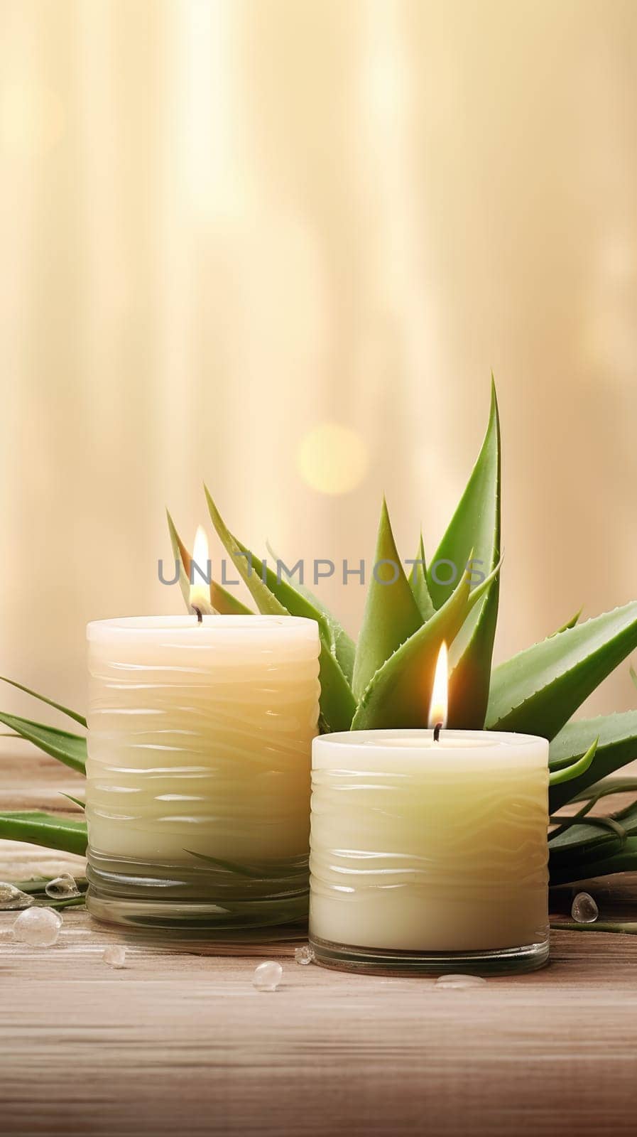 Spa concept. Candles on a blurred light background. Decor from natural stems of aloe. The concept of spa, aromatherapy and beauty products. AI generated