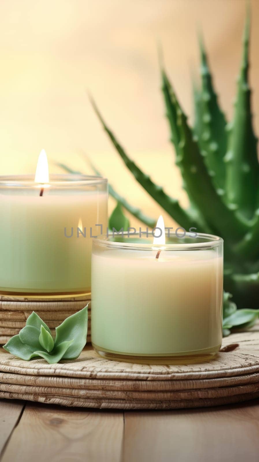 Spa concept. Candles on a blurred background. Decor from natural stems of aloe by natali_brill