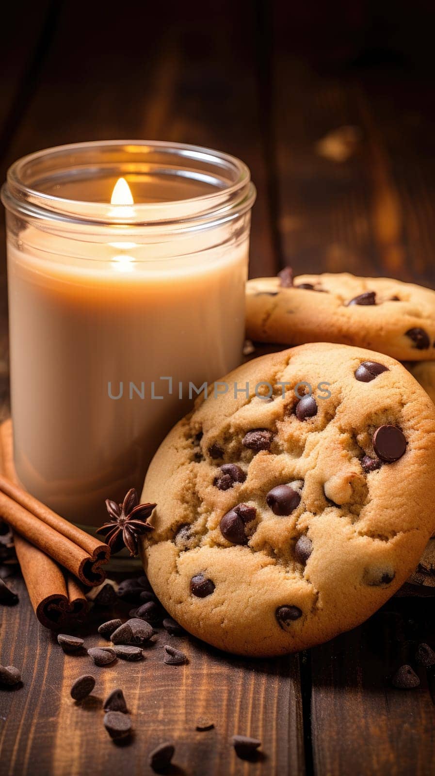 Cookie-scented handmade candles. Cozy photo on a wooden background with blurry bokeh lights. AI generated vertical image