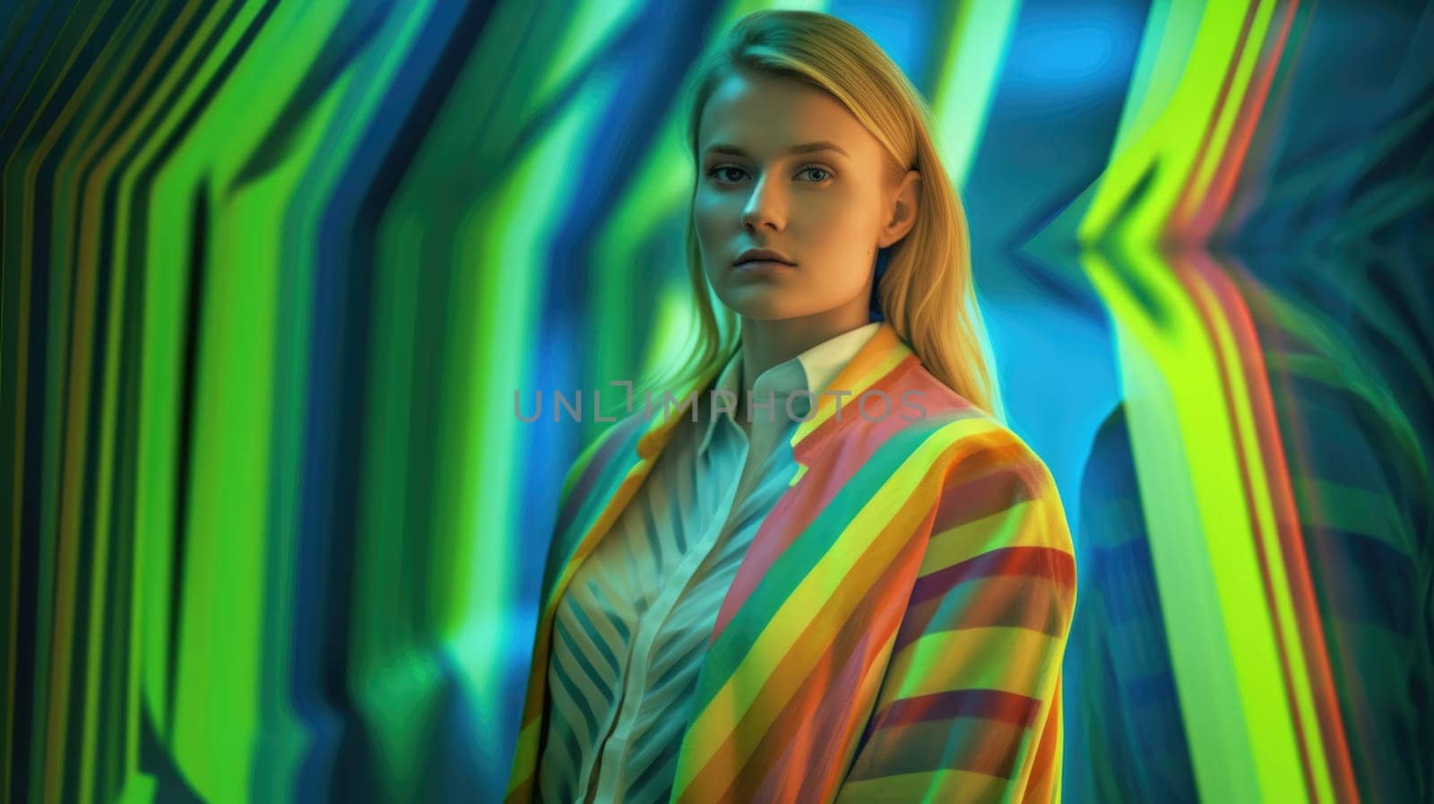 Young female model posing with trendy fashion outfit and colorful green optical art abstract background. Picturesque generative AI