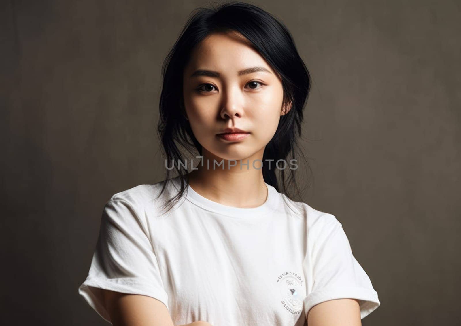 Studio portrait shot of beautiful Asian woman in white t-shirt and stand on plain background. AI Generative