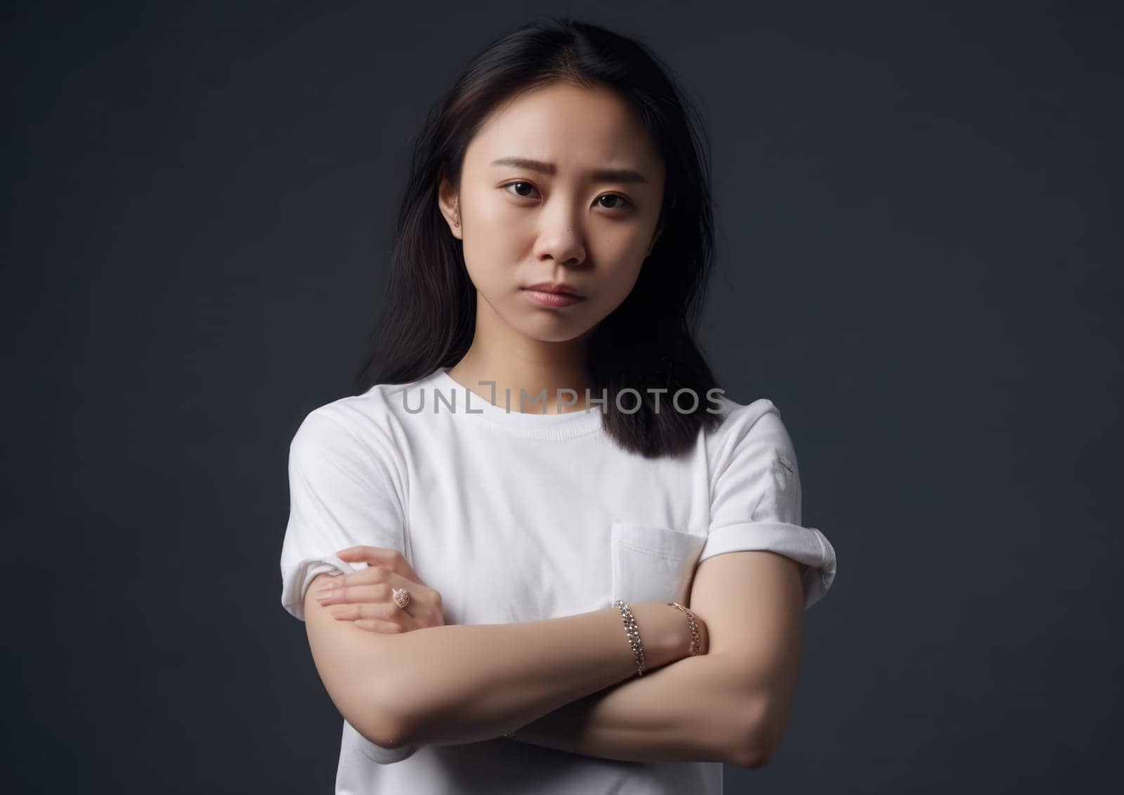 Studio portrait shot of beautiful Asian woman in white t-shirt and stand on white background. AI Generative