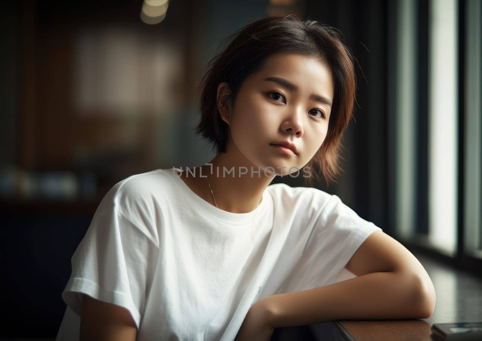 Studio portrait shot of beautiful Asian woman in white t-shirt and stand on plain background. AI Generative