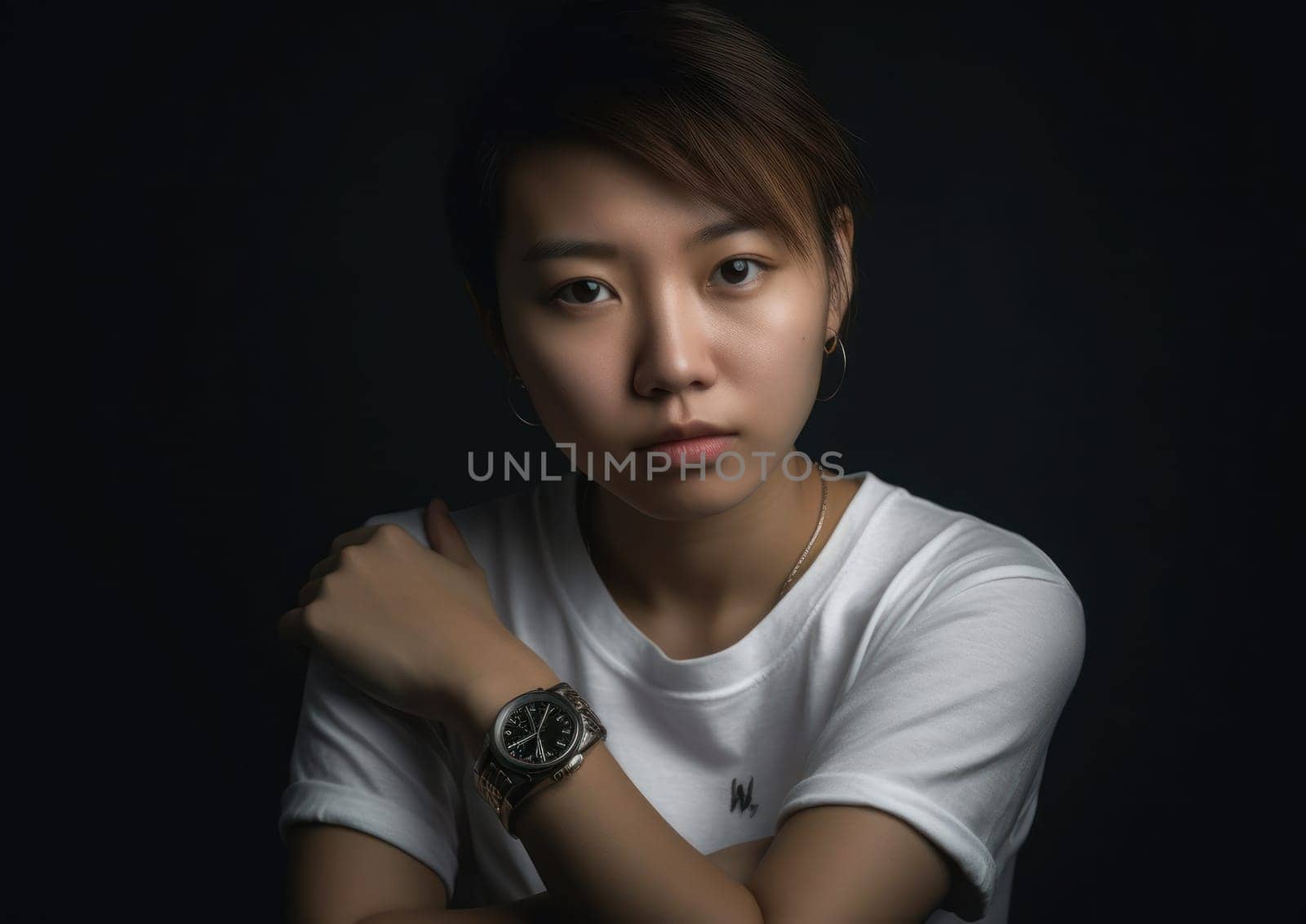 Studio portrait shot of beautiful Asian woman in white t-shirt and stand on plain background. AI Generative. by Benzoix