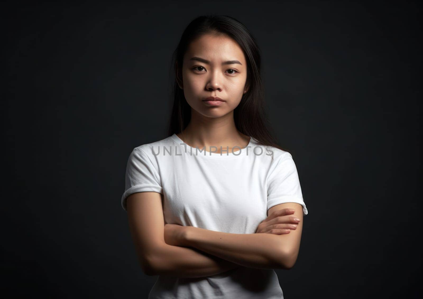 Studio portrait shot of beautiful Asian woman in white t-shirt and stand on white background. AI Generative. by Benzoix