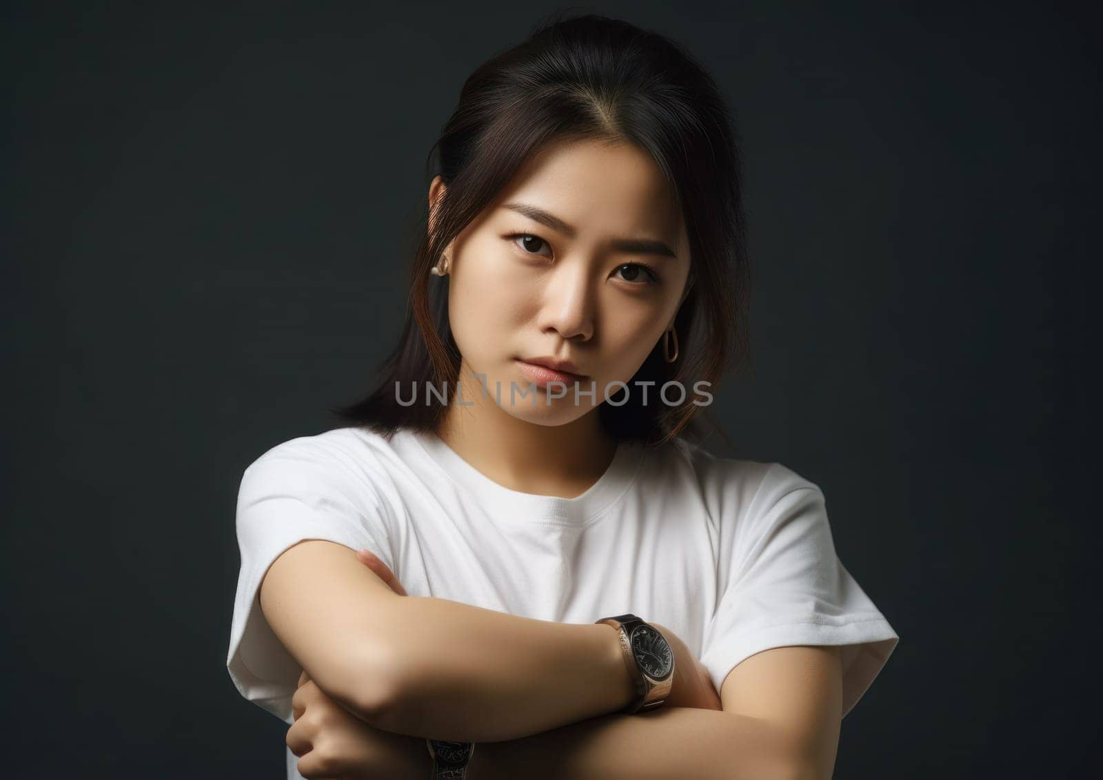 Studio portrait shot of beautiful Asian woman in white t-shirt and stand on plain background. AI Generative