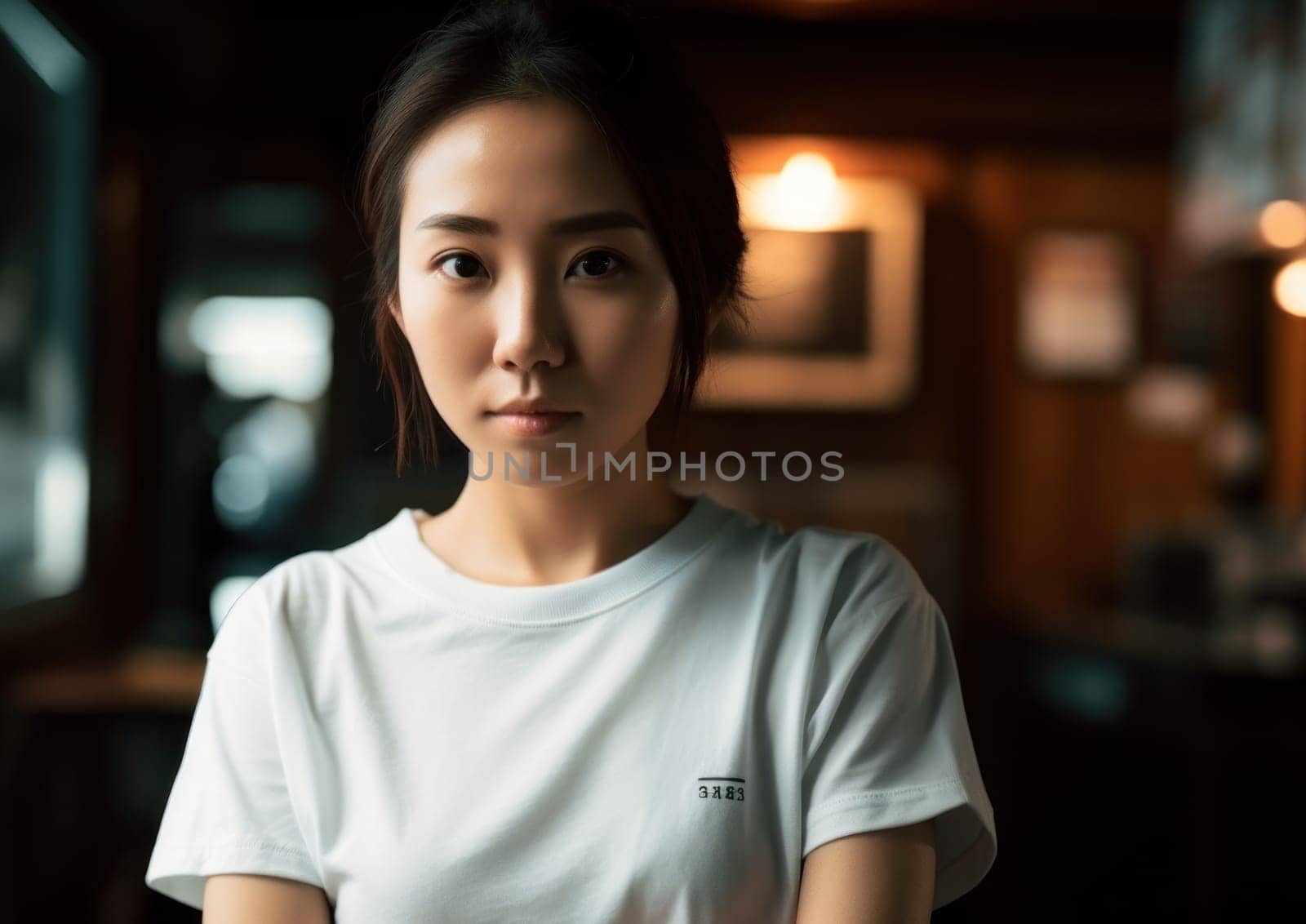 Studio portrait shot of beautiful Asian woman in white t-shirt and stand on plain background. AI Generative