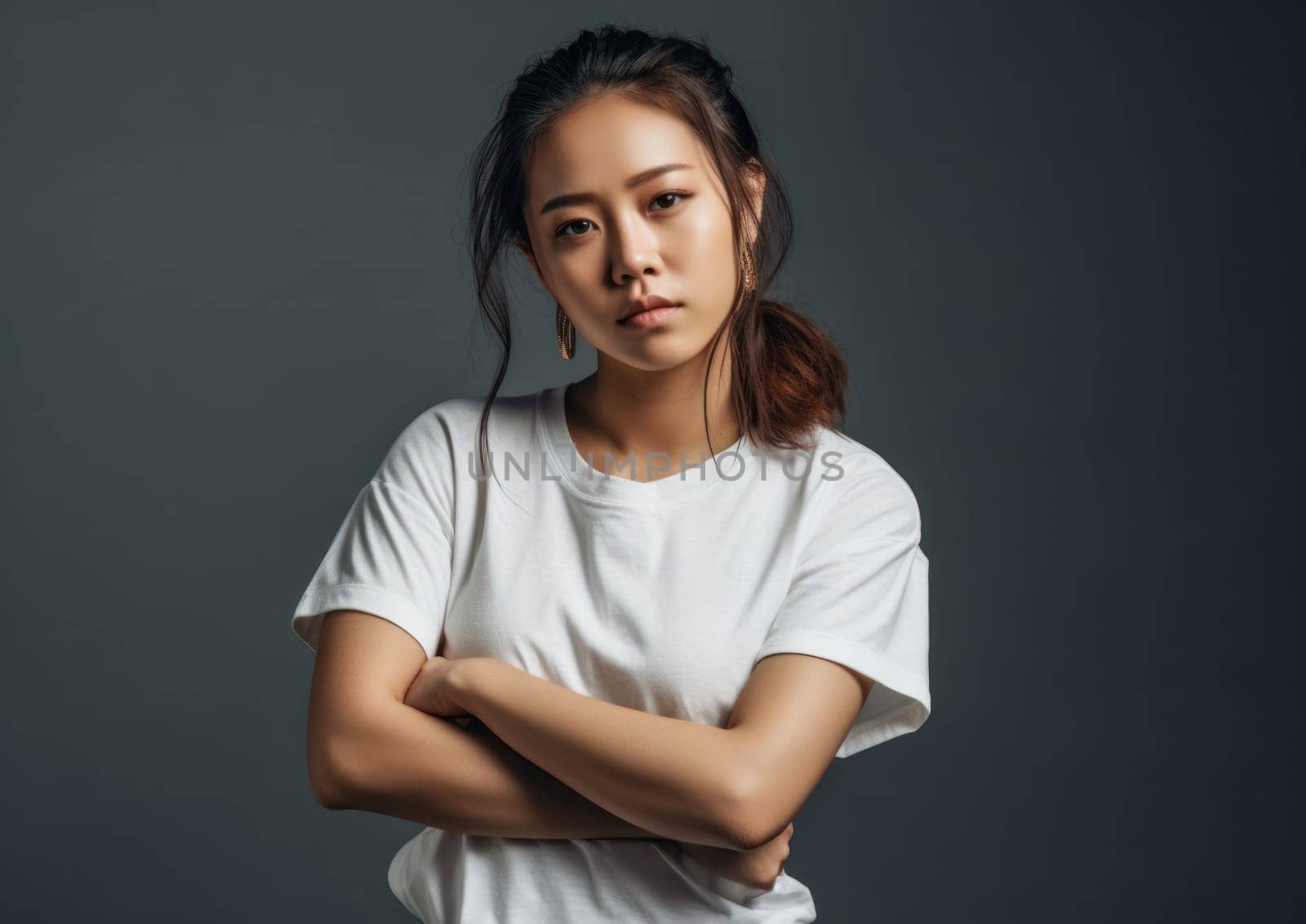 Studio portrait shot of beautiful Asian woman in white t-shirt and stand on plain background. AI Generative