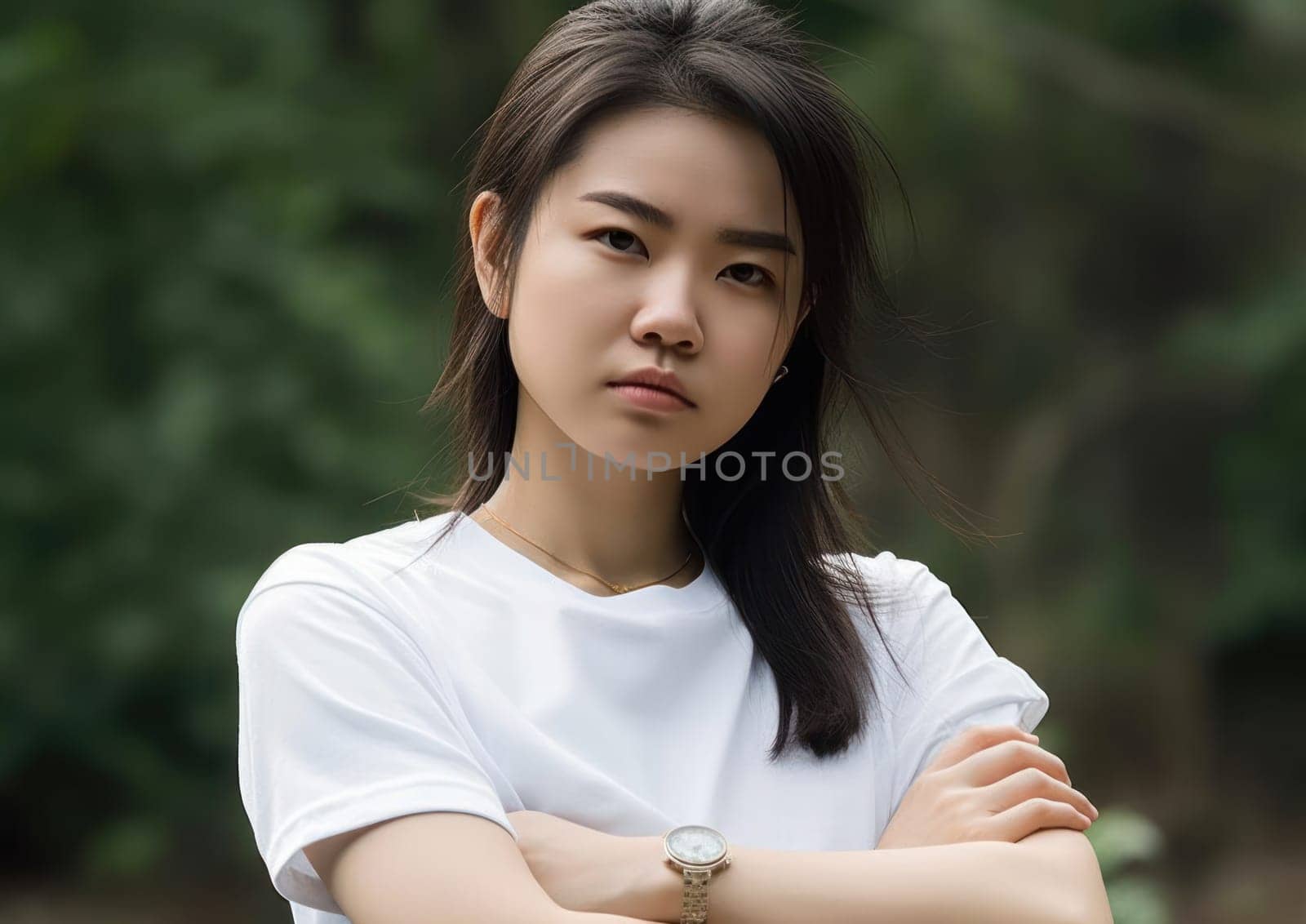 Studio portrait shot of beautiful Asian woman in white t-shirt and stand on plain background. AI Generative