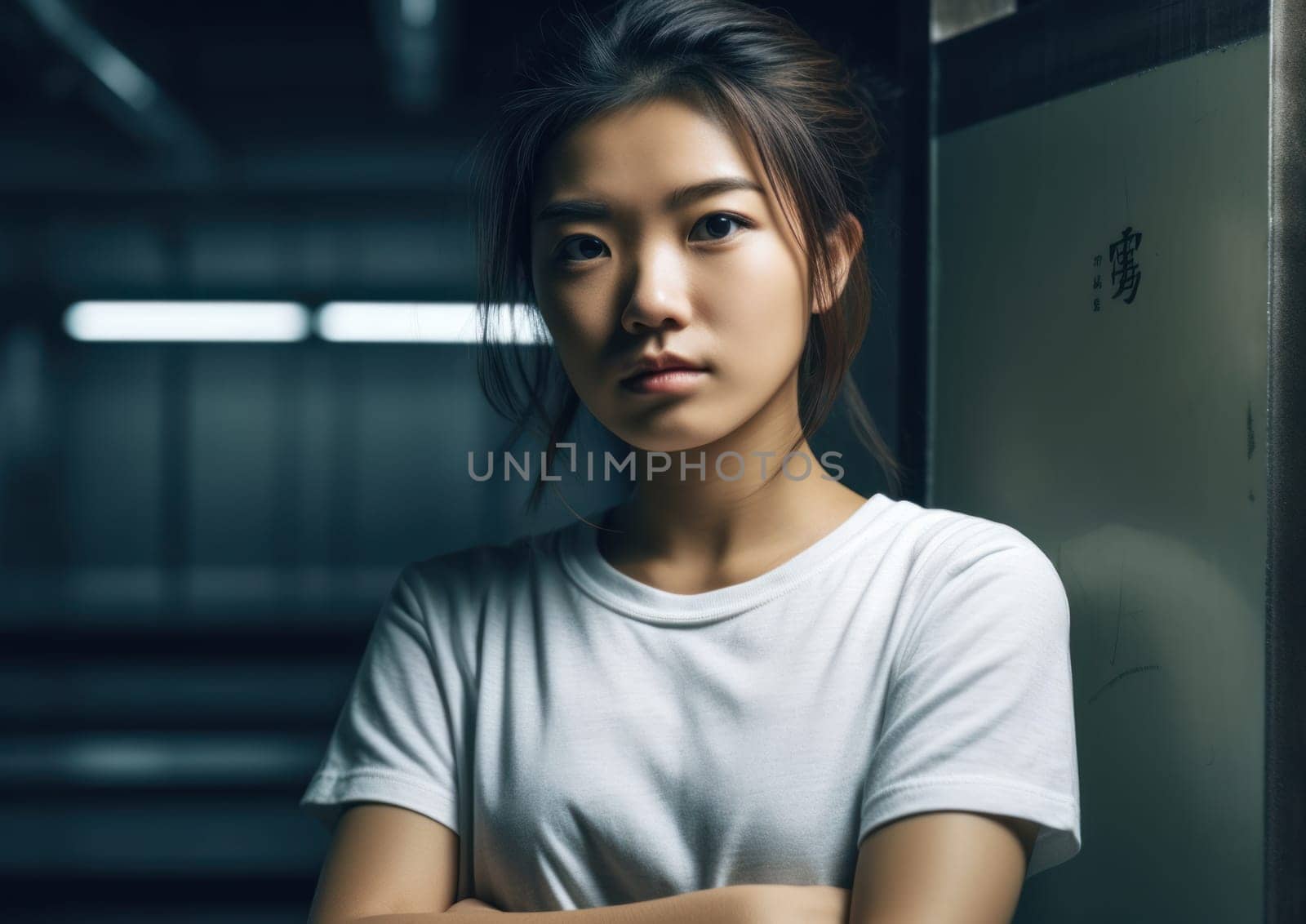 Studio portrait shot of beautiful Asian woman in white t-shirt and stand on plain background. AI Generative