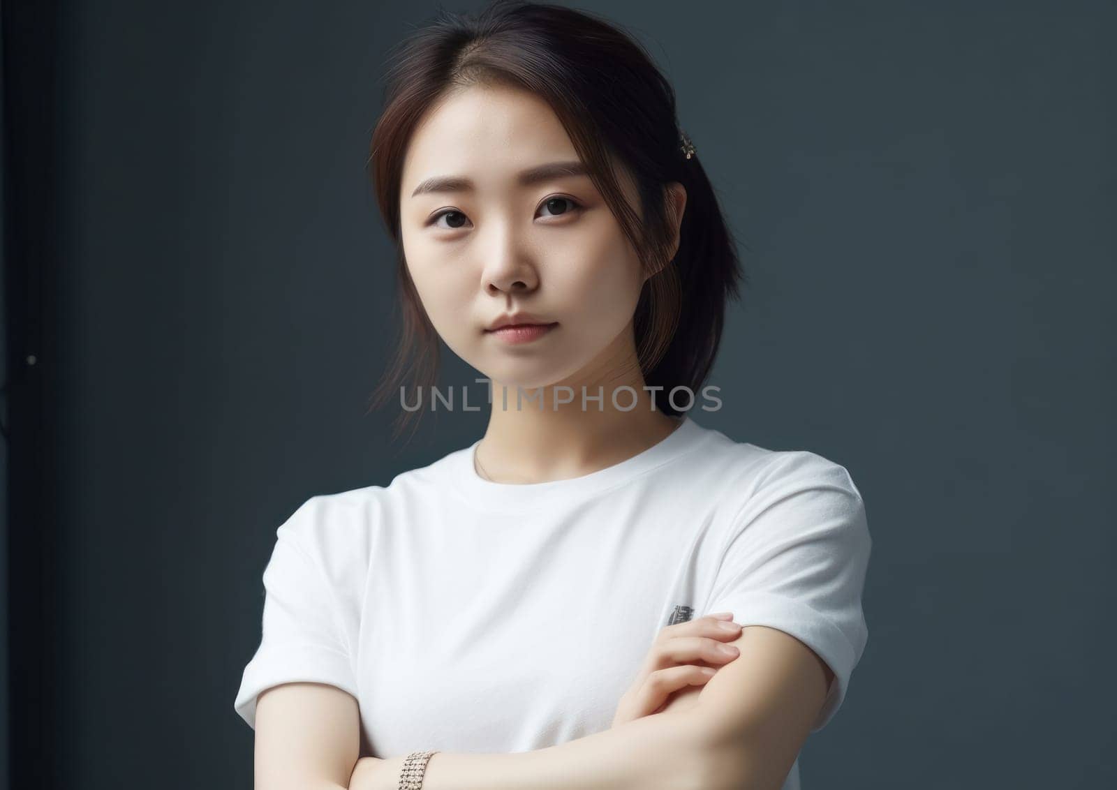 Studio portrait shot of beautiful Asian woman in white t-shirt and stand on plain background. AI Generative