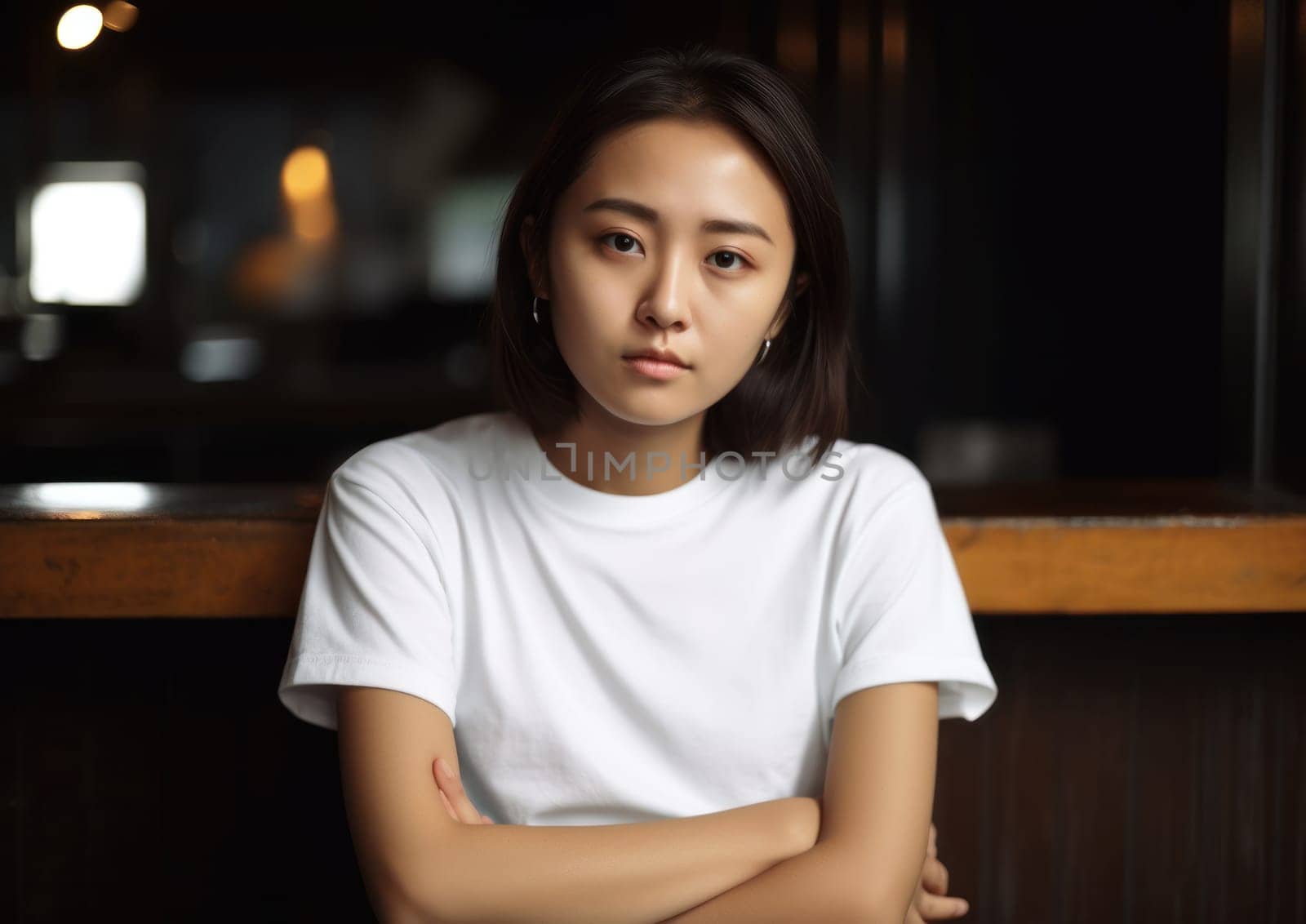 Studio portrait shot of beautiful Asian woman in white t-shirt and stand on plain background. AI Generative