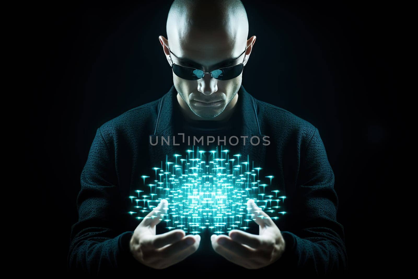 Man manipulating hologram in futuristing setting