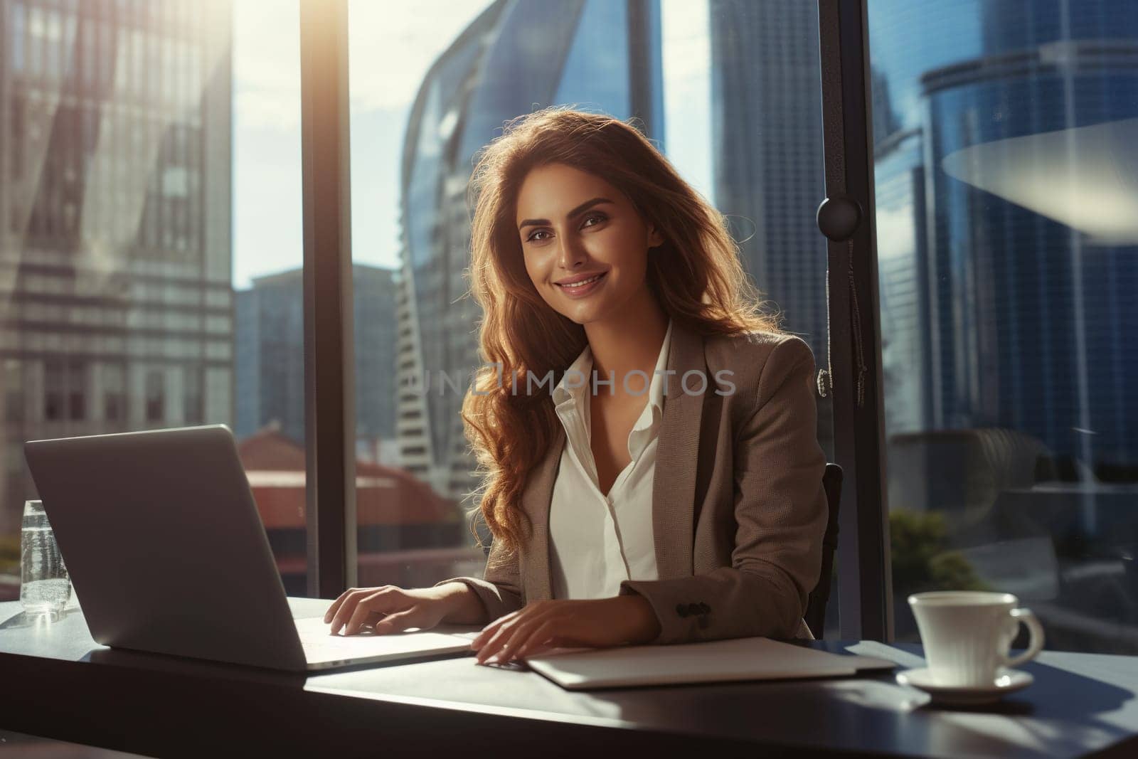Young woman working in office on a laptop at sunset