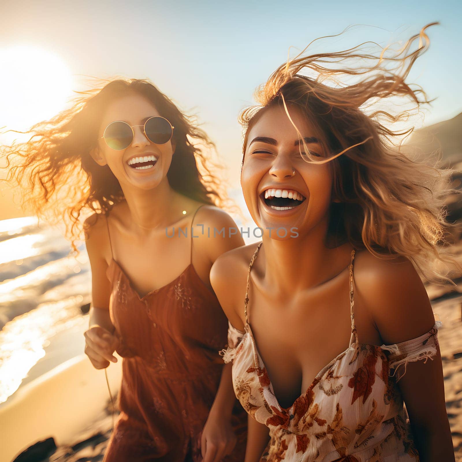 Two young women at the beach smiling and playing at sunset
