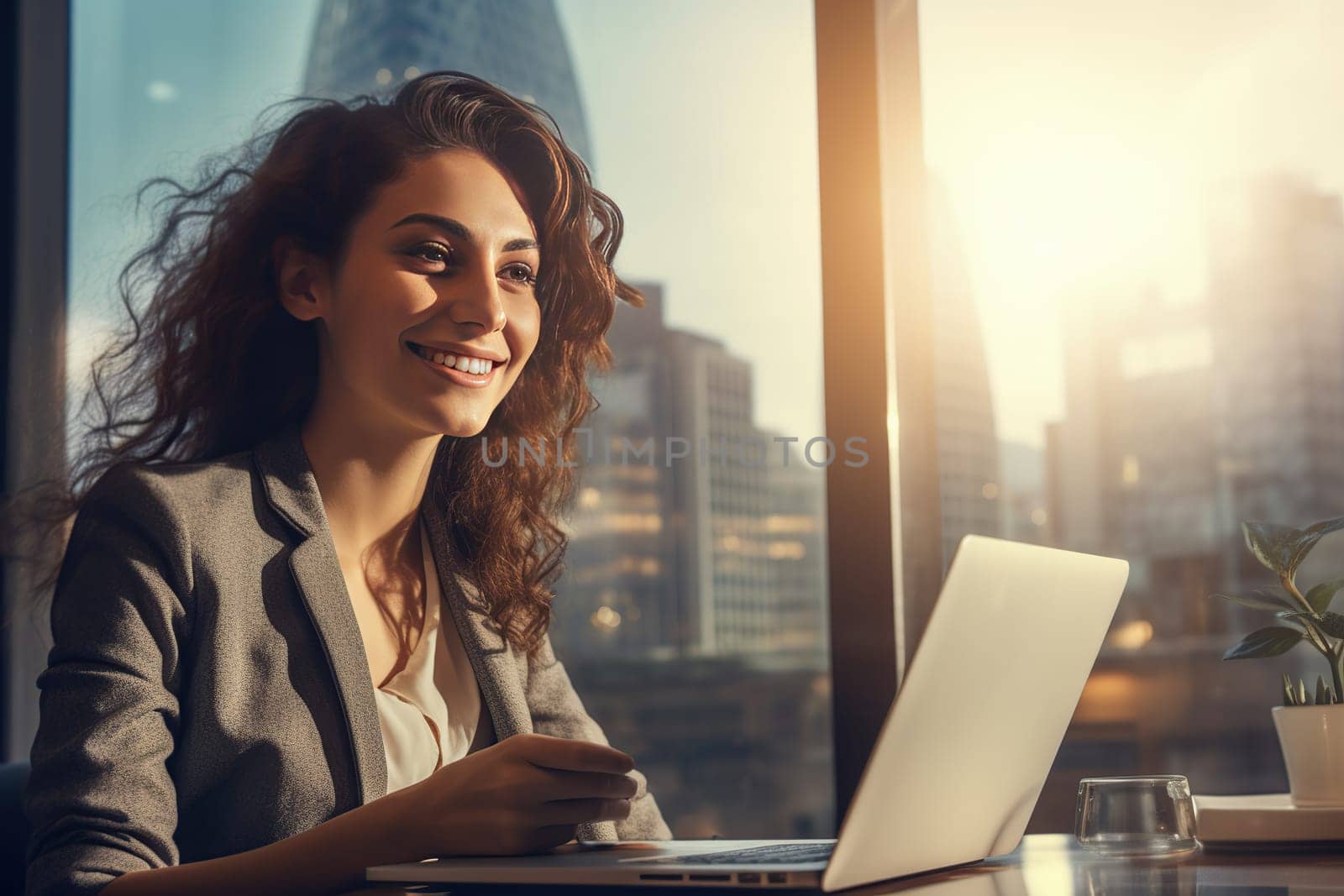 Young woman working in office on a laptop at sunset