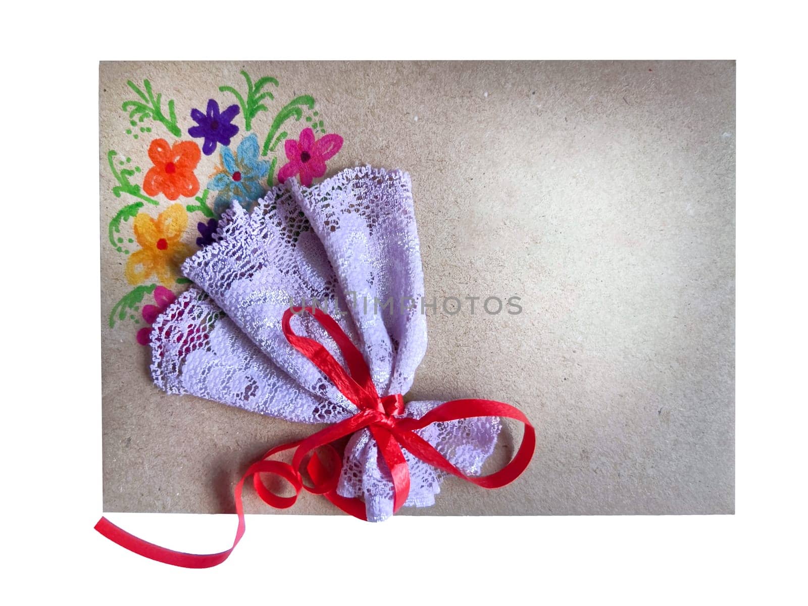 craft gift envelope decorated with a painted bouquet with lace and a red bow by Annado