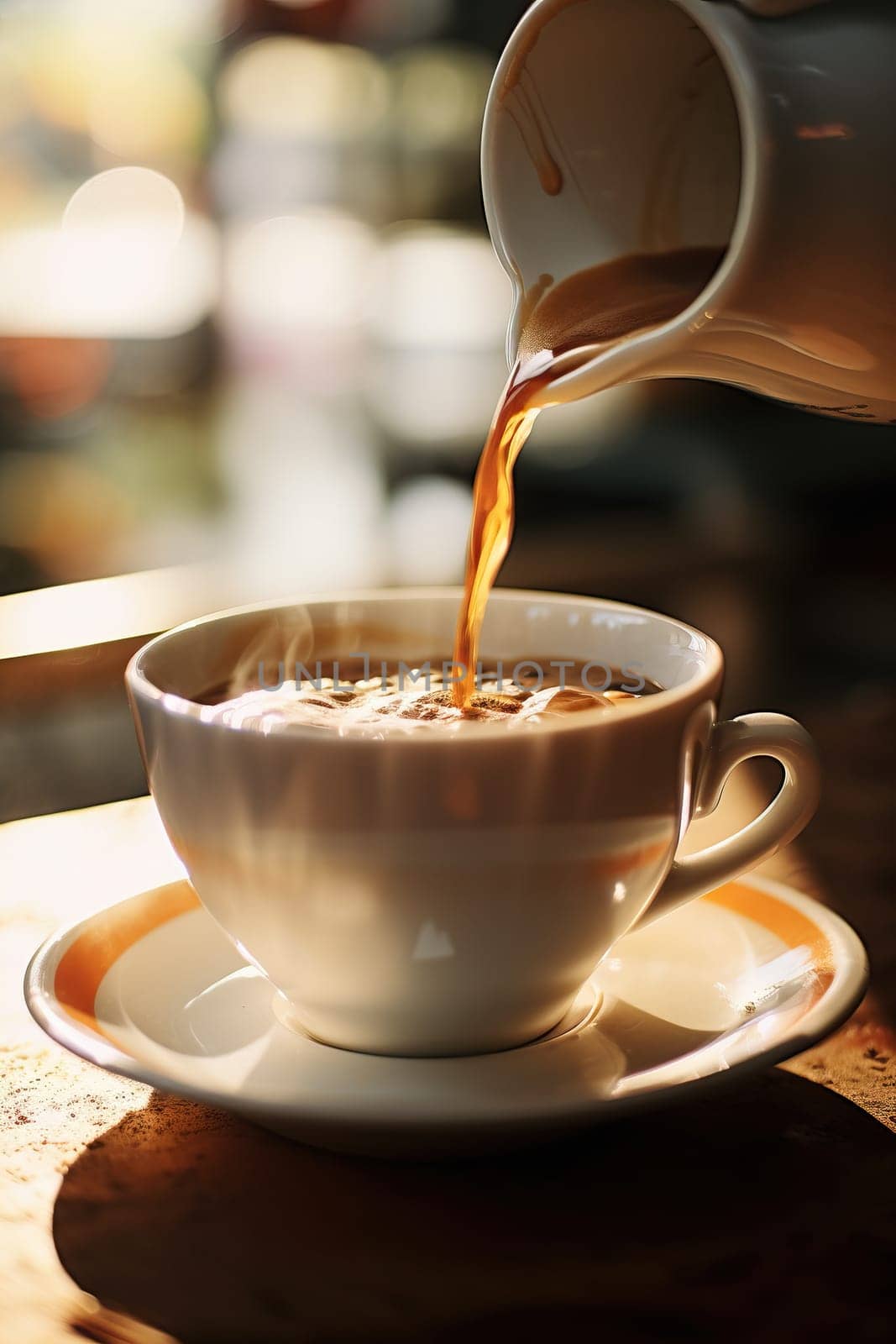 Pouring espresso coffee in a cup at sunset