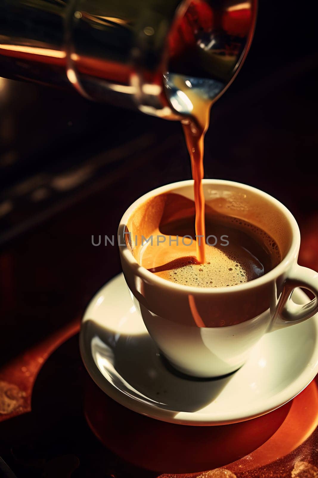 Pouring espresso coffee in a cup at sunset