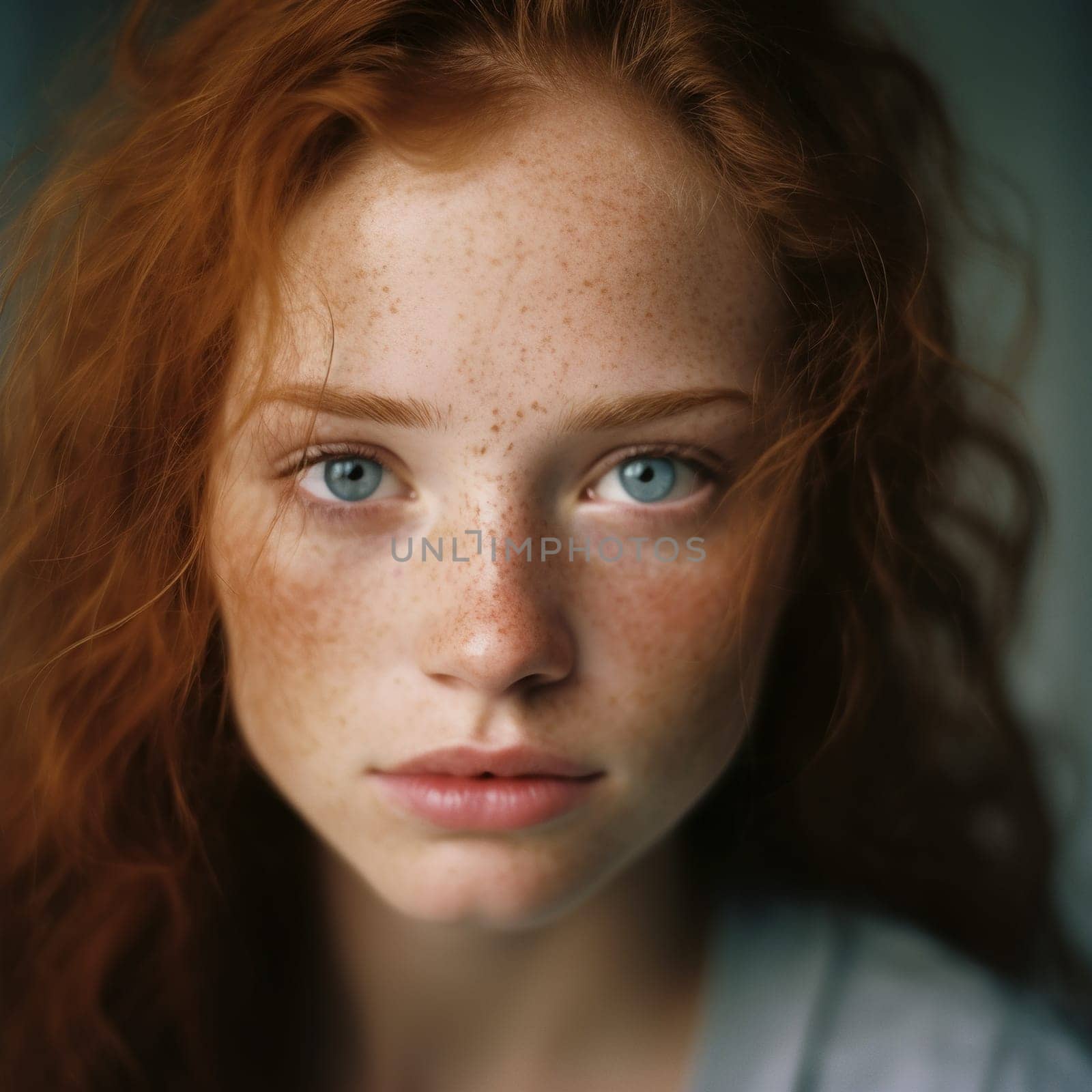 Portrait of a beautiful young redhead woman with freckles. Generative AI