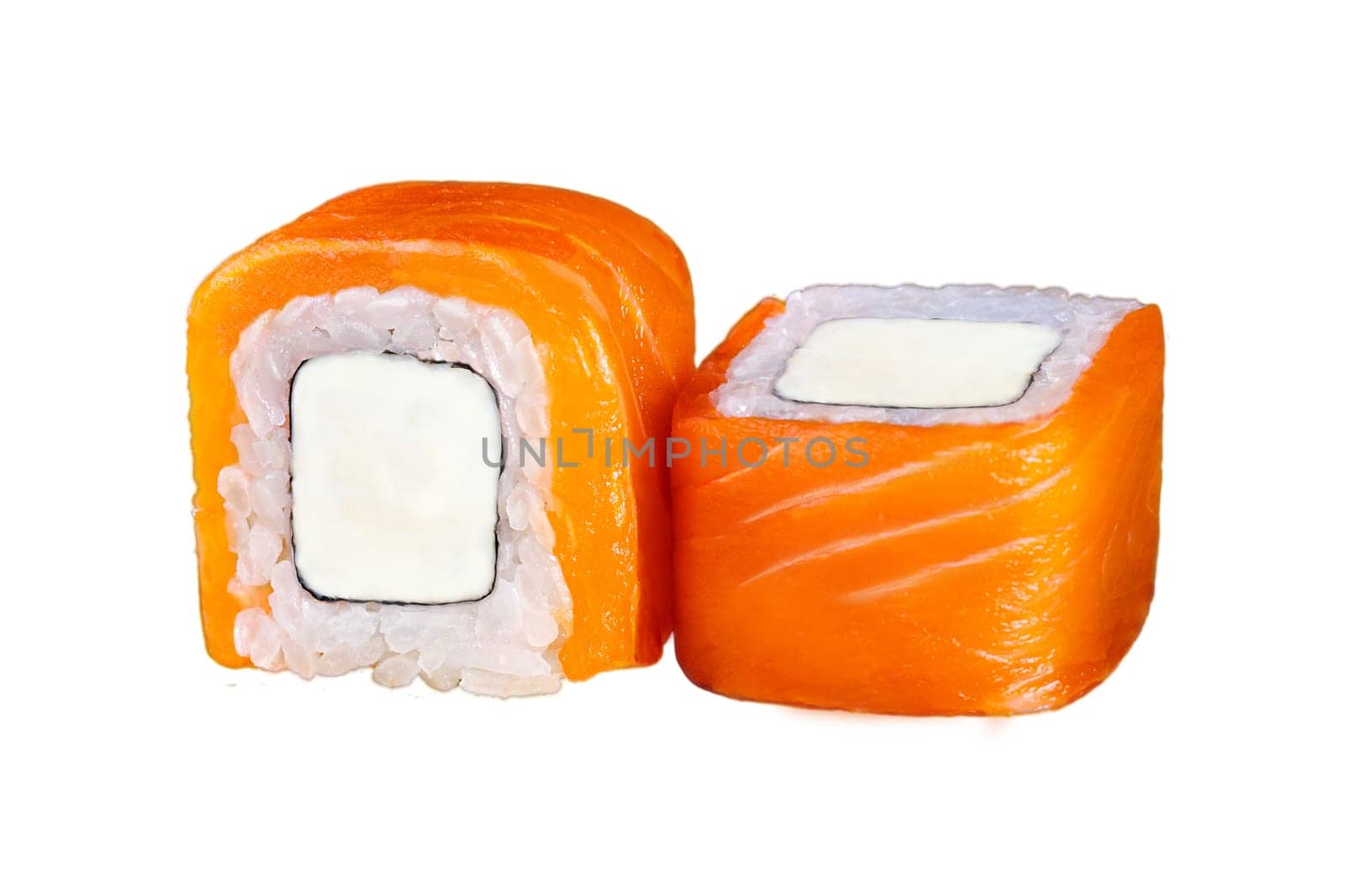 Japanese california rolls with cheese and fresh red fish on a white background.