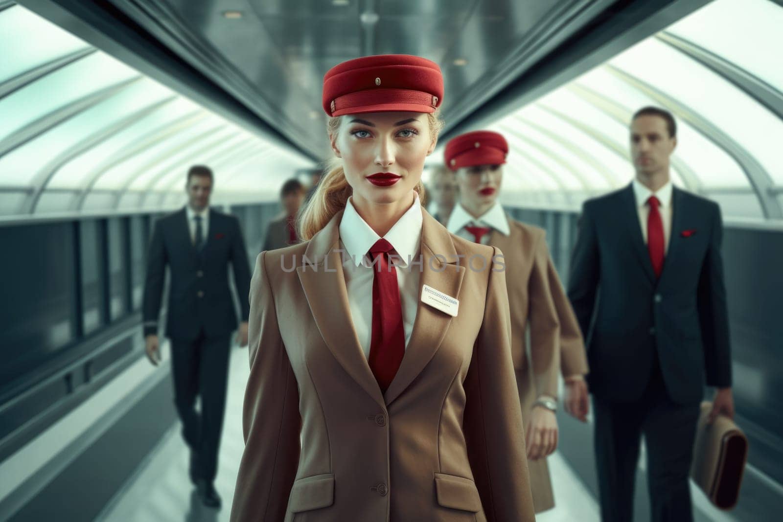 Group of flight attendant walking on airport gate or corridor. Picturesque by biancoblue