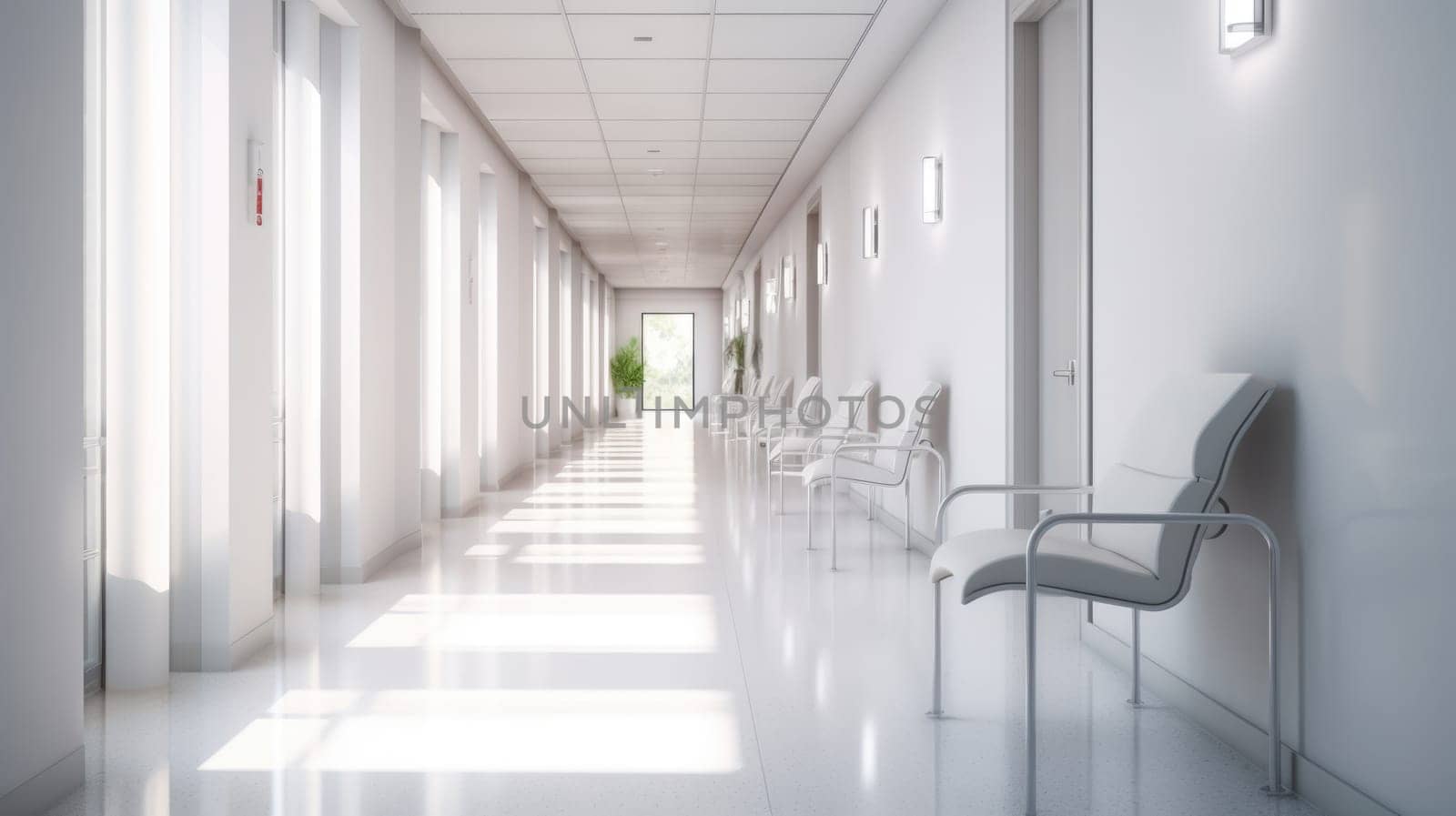 Hospital corridor with windows and white chairs, in the style of bokeh, light gray, bauhaus, light white, skillful. Generative AI weber. by biancoblue