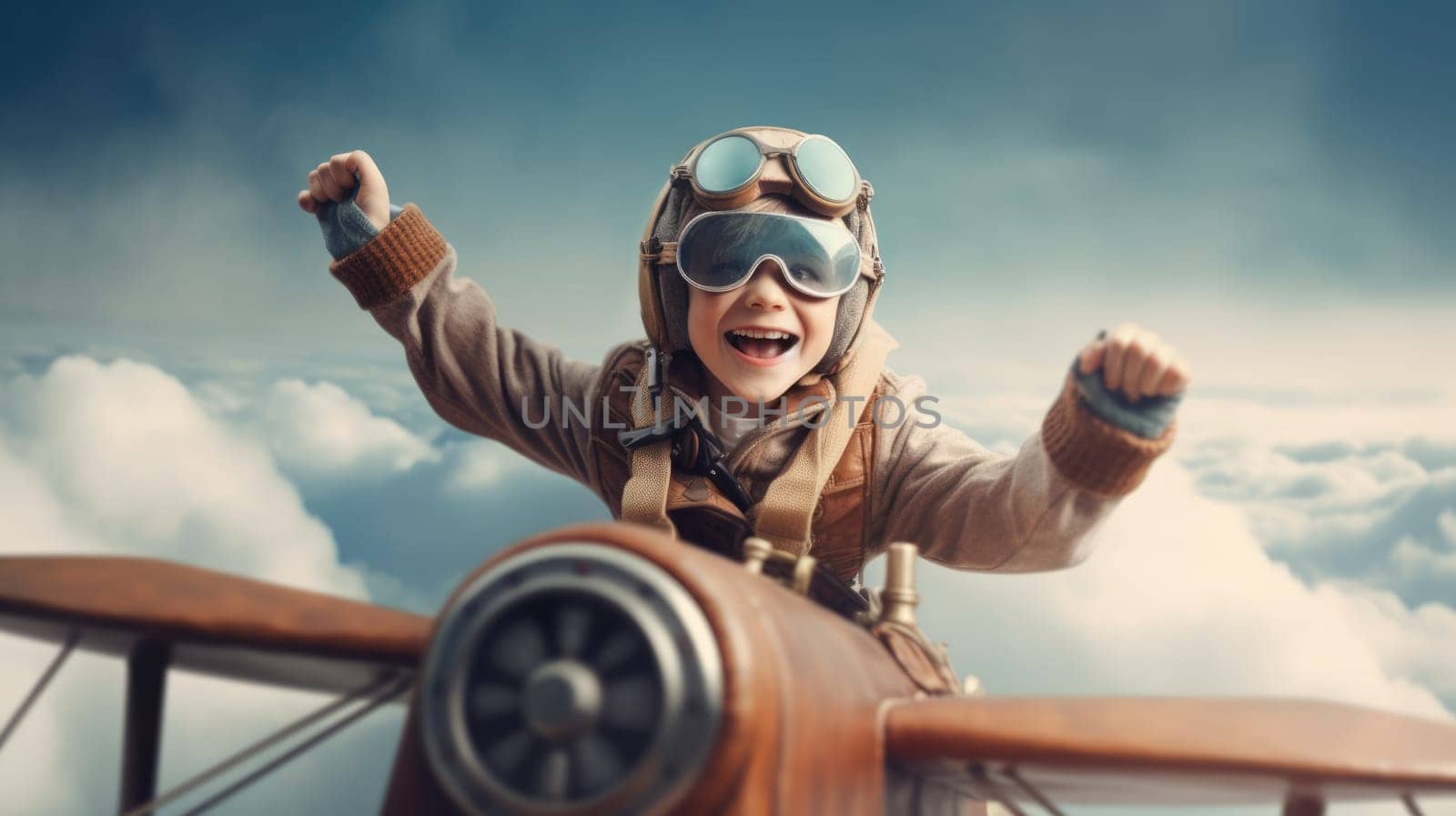 Aviator boy, excited, flying above clouds in the sky. Generative AI image weber.