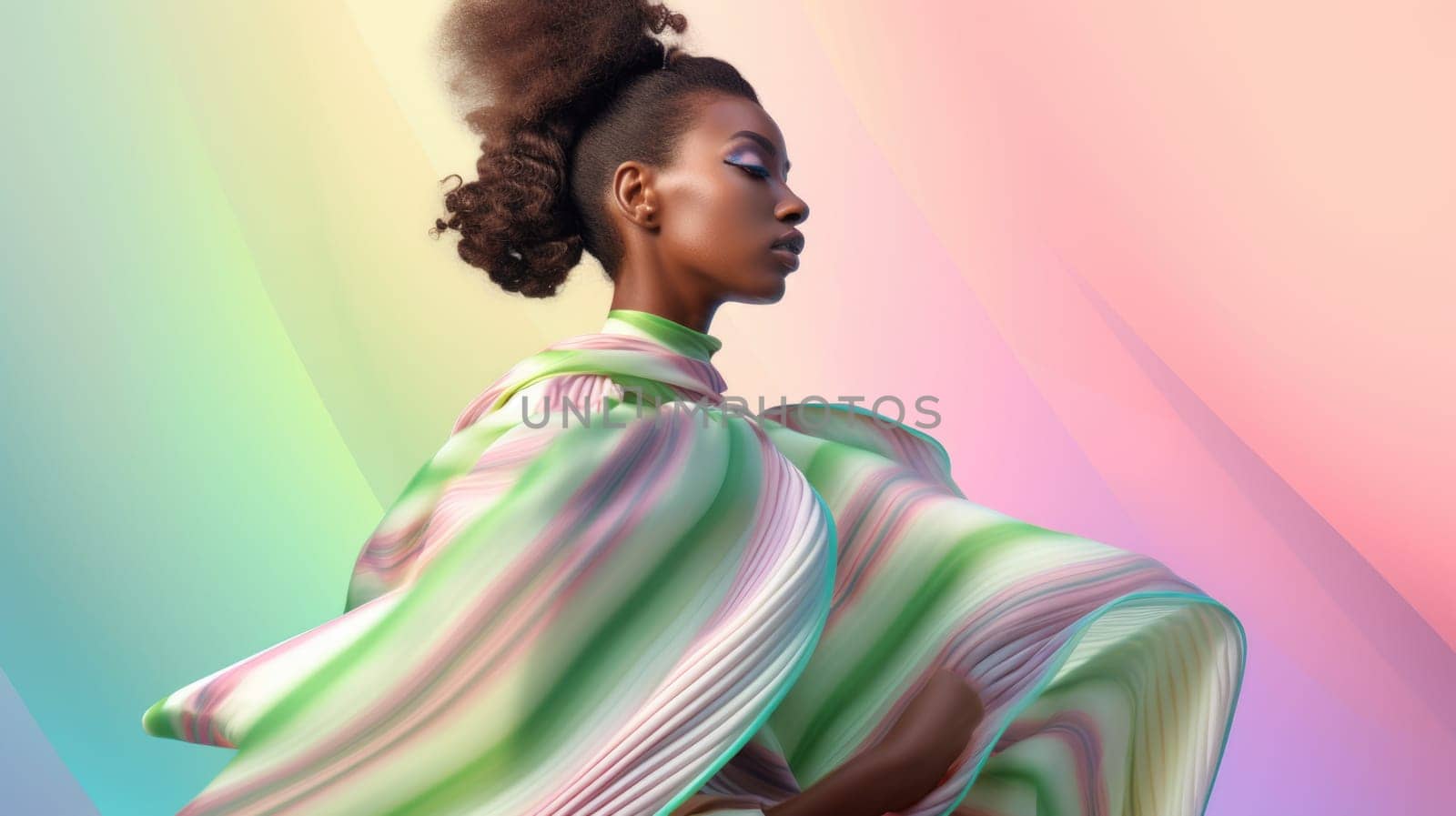 Young african female model posing with trendy fashion outfit and colorful pastel mood optical art abstract background. Picturesque generative AI