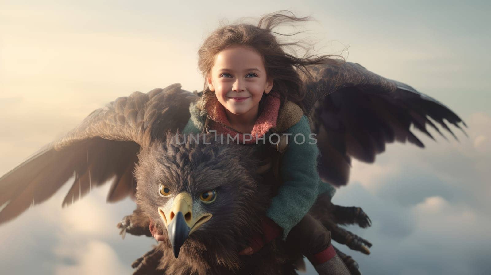 A Girl, excited, flying the eagle above clouds in the sky. Generative AI image weber.