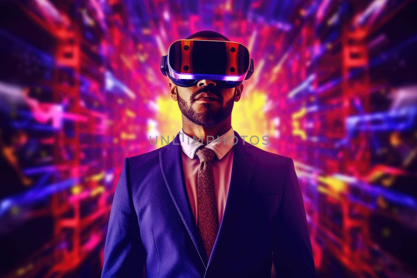 Businessman wearing virtual reality with digital data transfer buzzy software by biancoblue