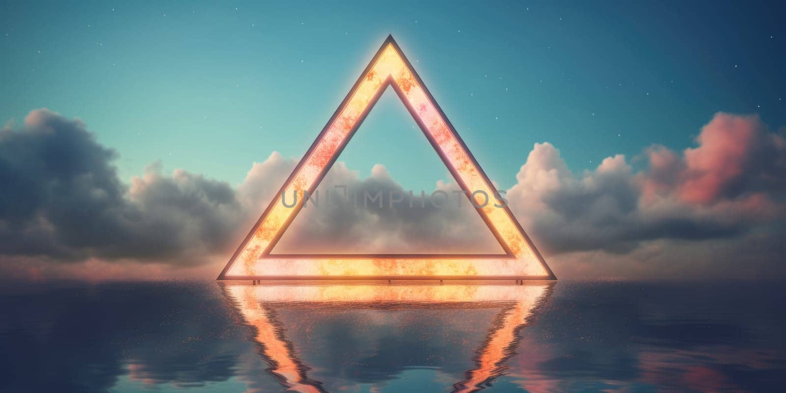 A triangle shaped empty frame neon cloud on water, in the style of vintage aesthetics. Generative AI image weber.