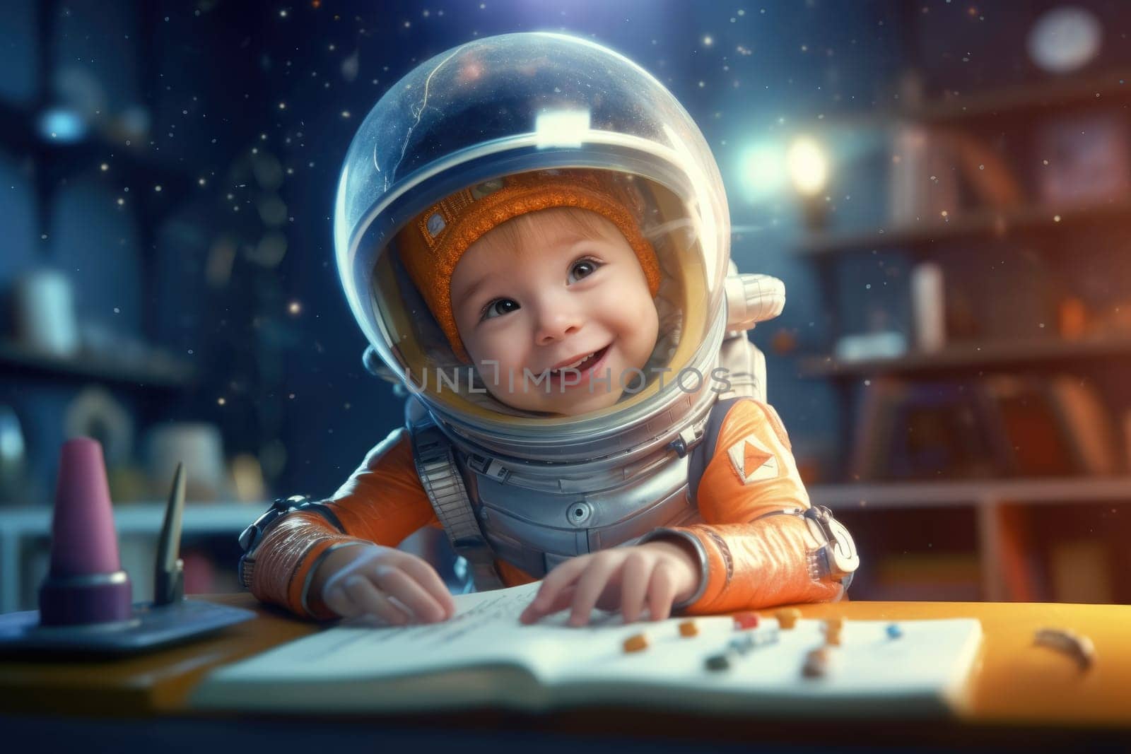 kid in spacesuit helmet floating through classroom, studying astrology. generative ai AIG32 by biancoblue