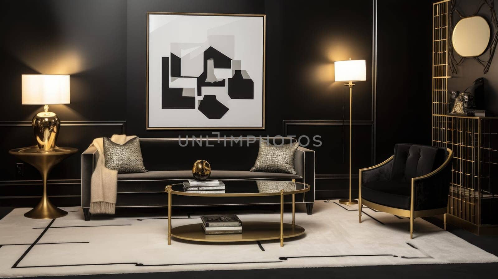 Living room decor, home interior design . Art Deco Contemporary style with Large Window decorated with Velvet and Marble material . Generative AI AIG26.