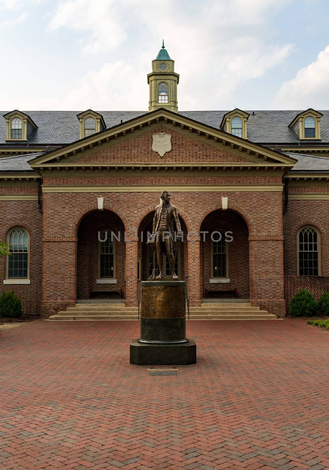 Statue of James Monroe in front of Tucker Hall at William and Mary college in Williamsburg Virginia