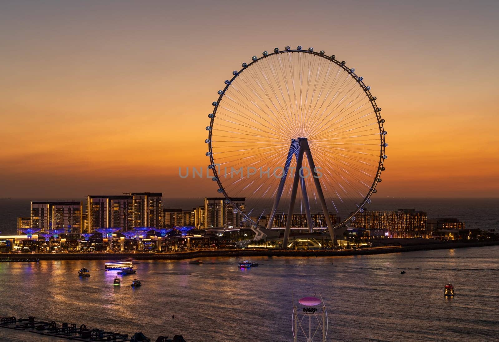 Lights on structure of Ain Dubai Observation Wheel on BlueWaters Island at sunset