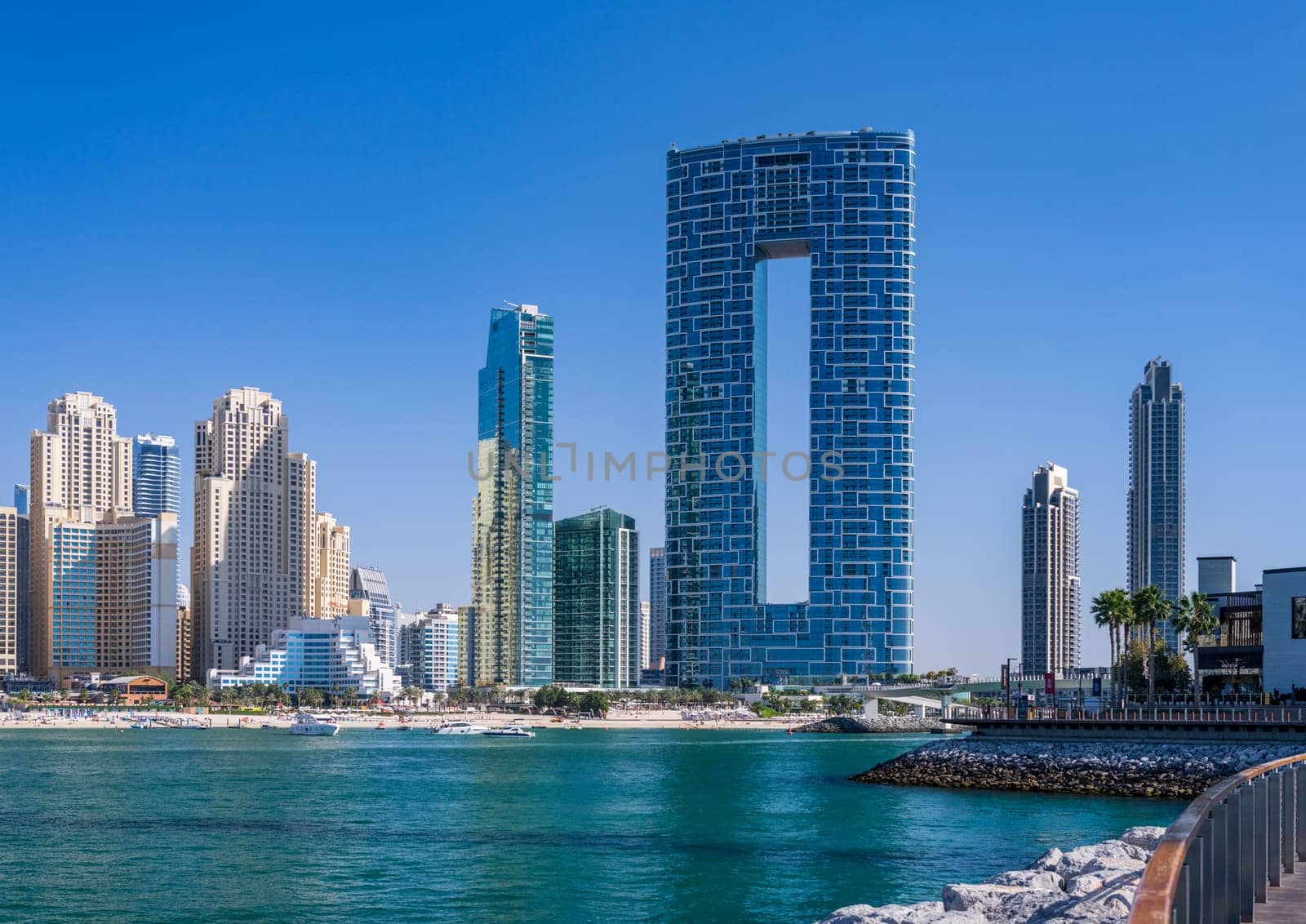 Skyline of hotels and apartments in JBR Beach from Bluewaters island by steheap