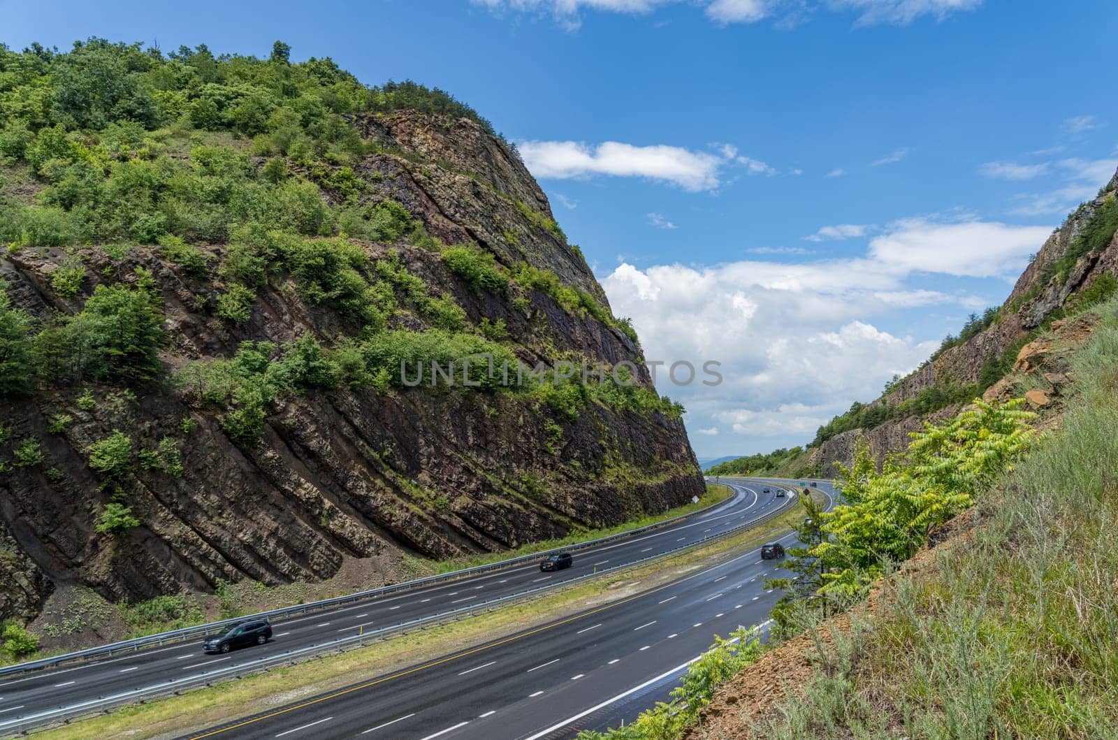 Road through the mountains of Sideling Hill Road Cut for the I68 interstate road to West Virginia