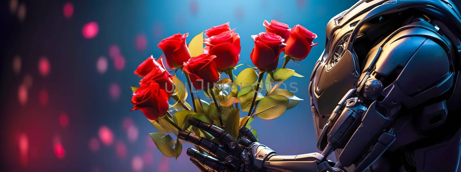 robot with a bouquet of red roses, gift to celebrate, made with Generative AI. High quality illustration