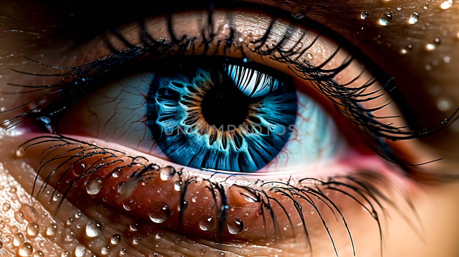close-up of a human eye with a tear drop, made with Generative AI.